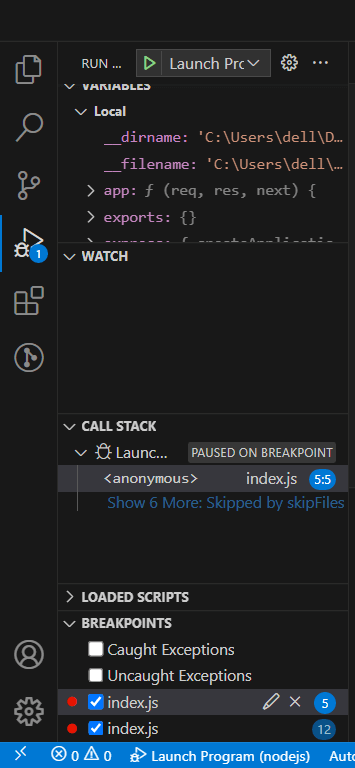 VS Code Debugging Panel